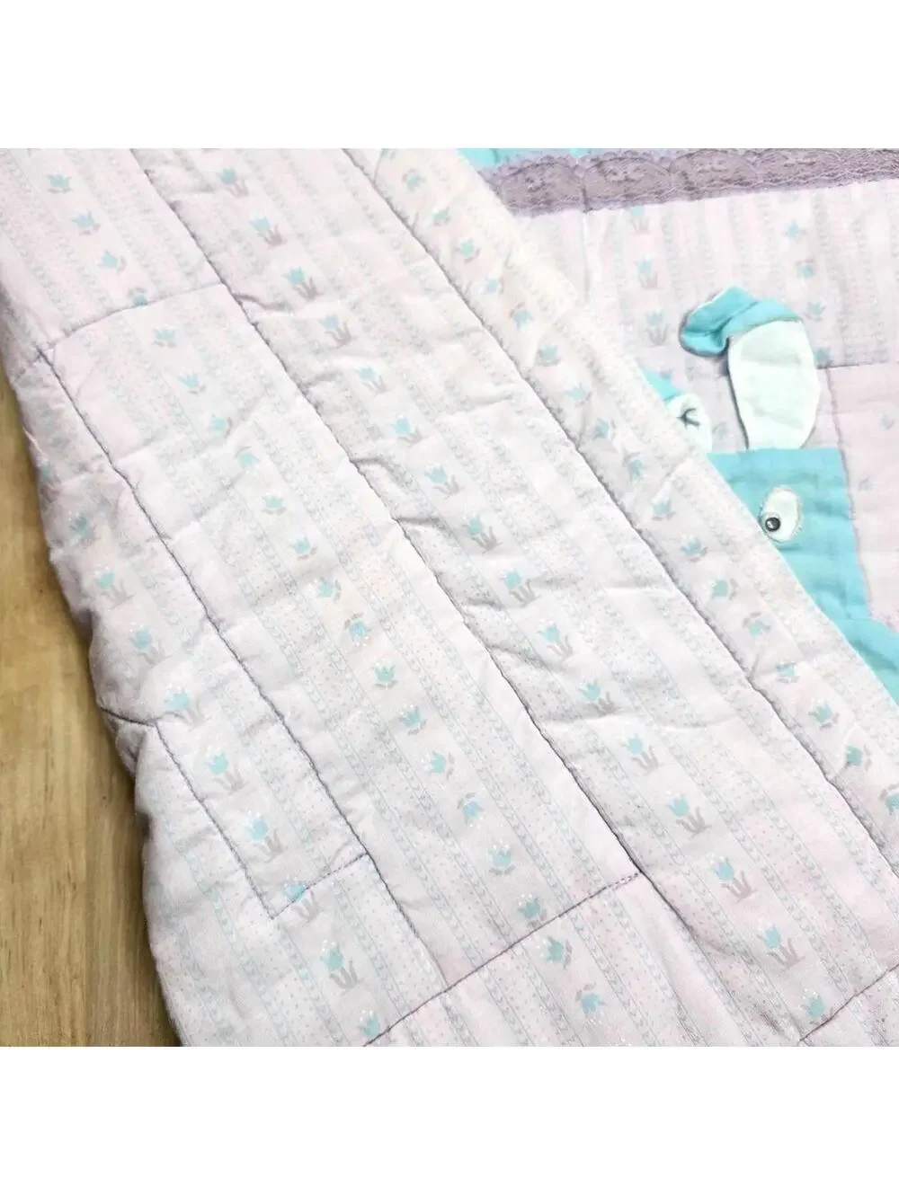 Handmade Baby Quilt with Bunny Pattern Blanket in Blue, White and Lavender